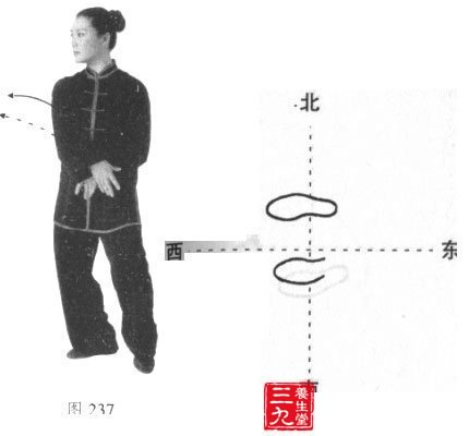 转身捋搠:身体左转(胸向南);随之左臂屈肘，左掌微上提，右掌外旋向下、向左.划弧捋于左腹前。